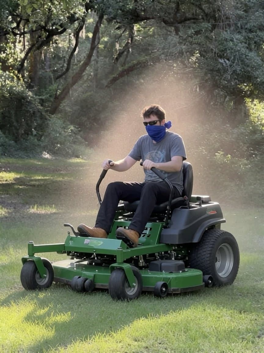 A Fieldsmith operator mowing a property at golden hour