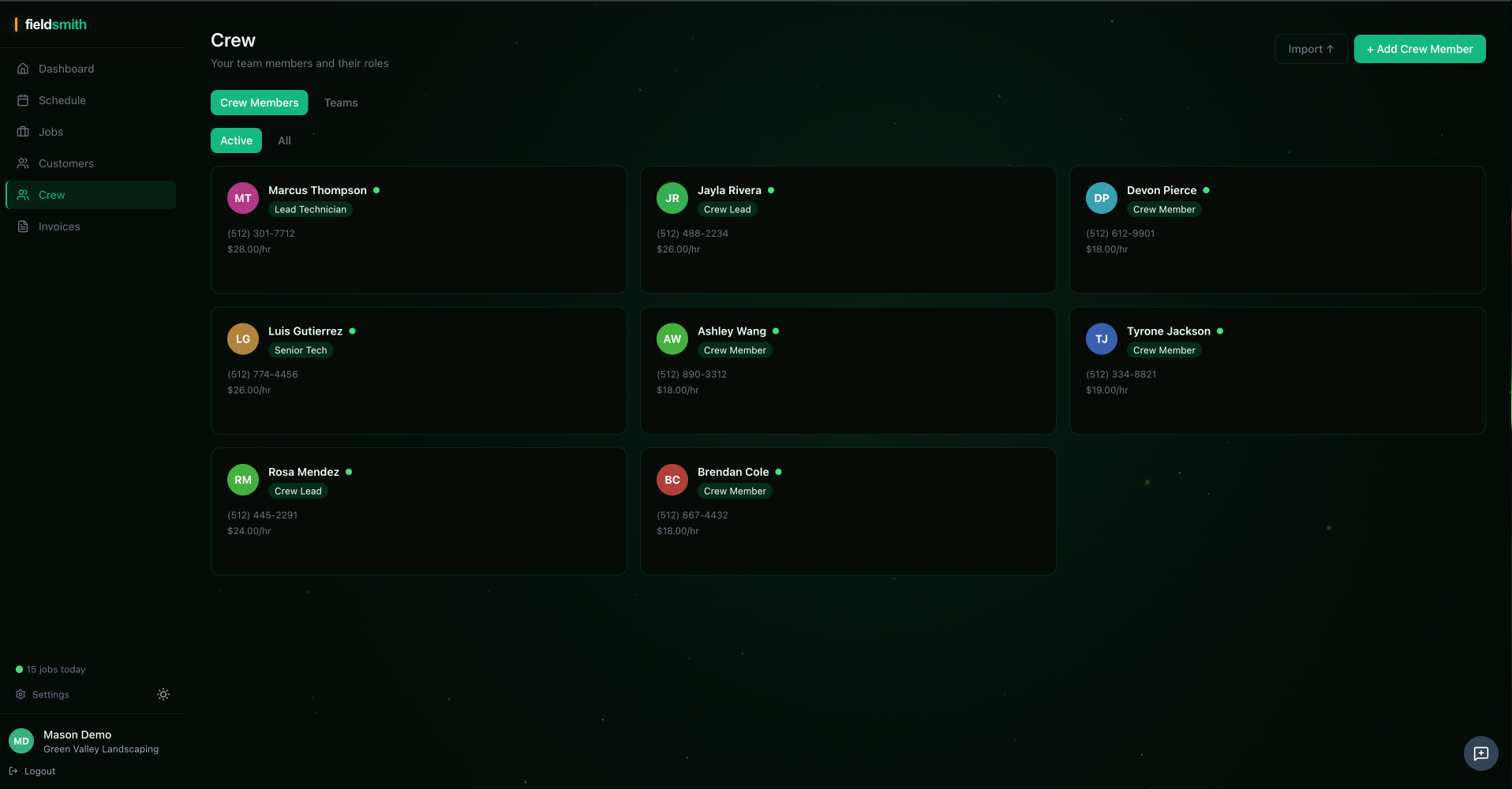 Crew page — team leads, crew members, contact info, status