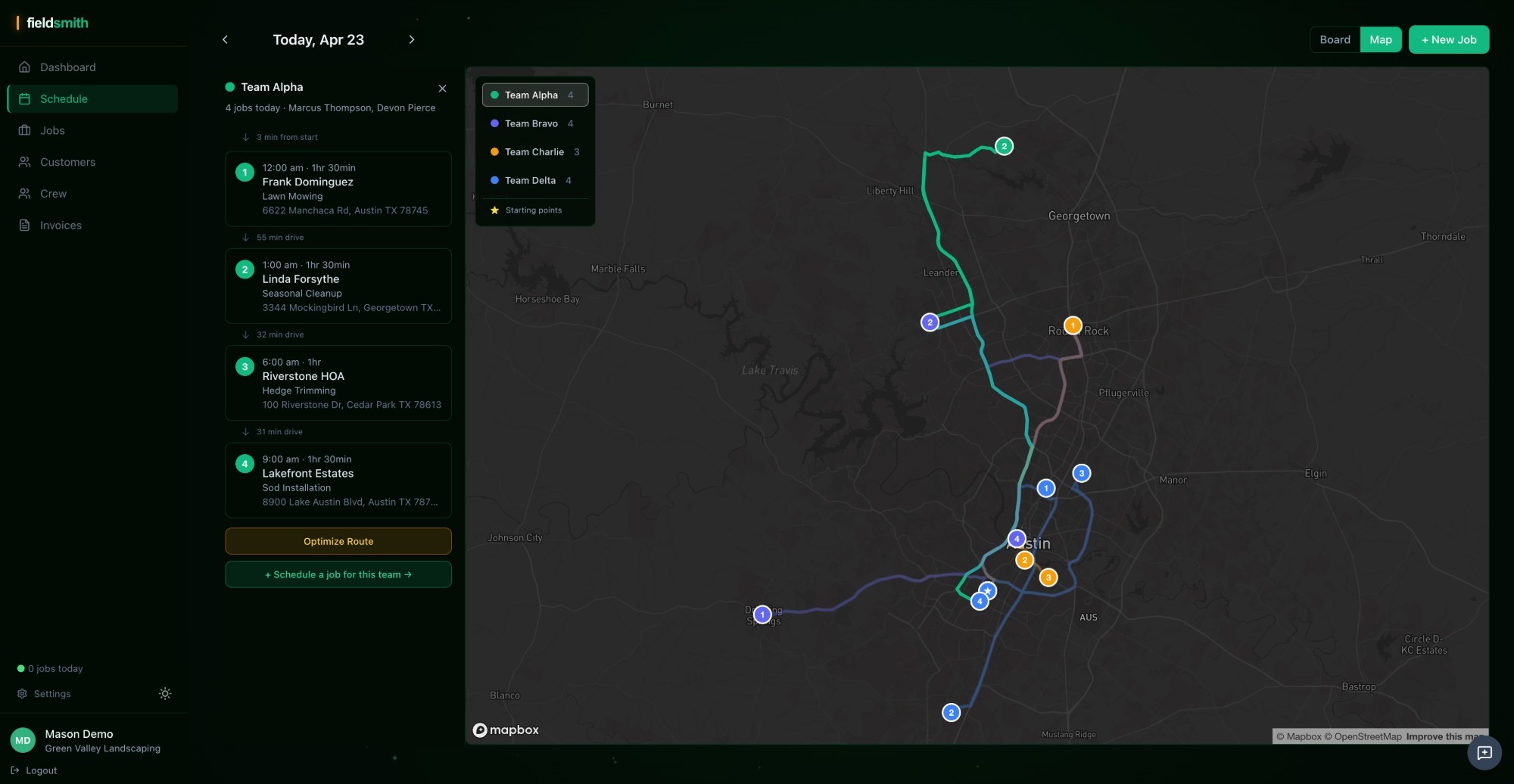 Dispatch map — 4 crews with live drive times and optimized routes across Austin