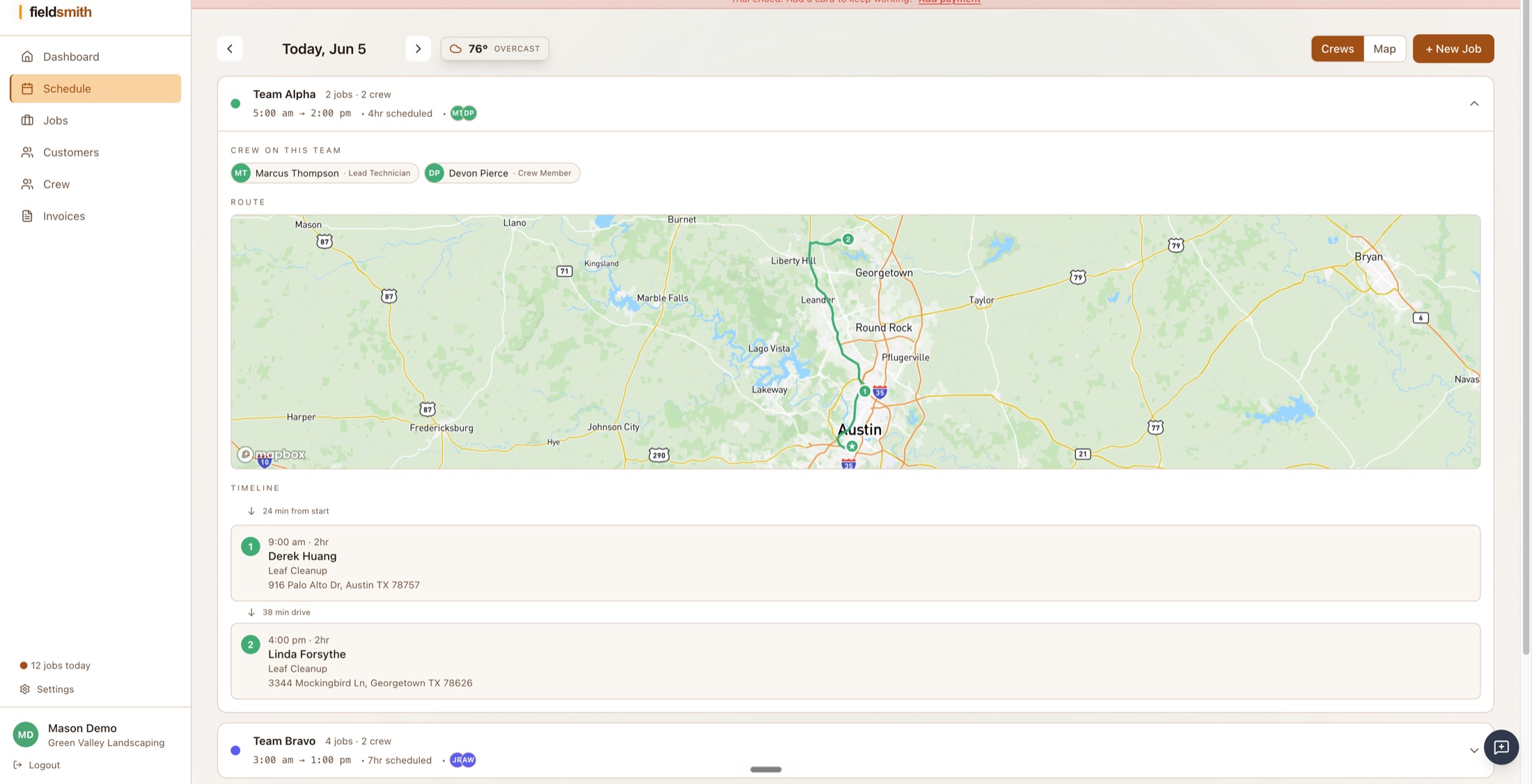 Schedule view — a crew's full day with the 78° forecast, an optimized route on the map, and a stop-by-stop timeline of customers and services