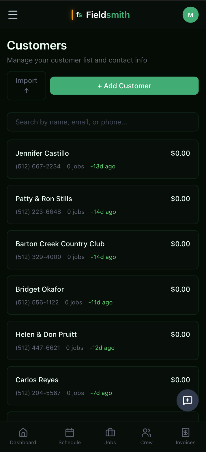 Customer list on mobile — search, tap to call, last-service at a glance