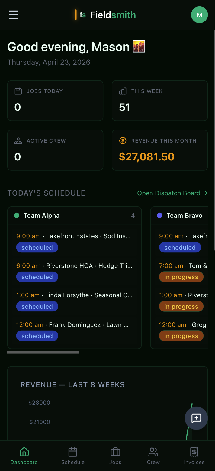 Mobile dashboard — today's schedule, revenue at a glance