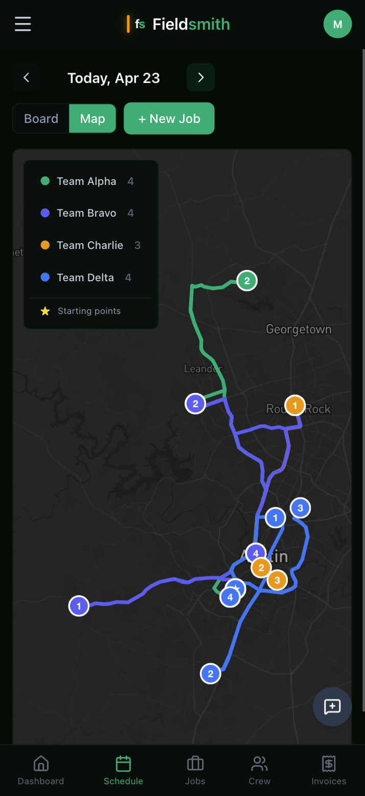 Dispatch map on mobile — crew routes and stops on a phone screen