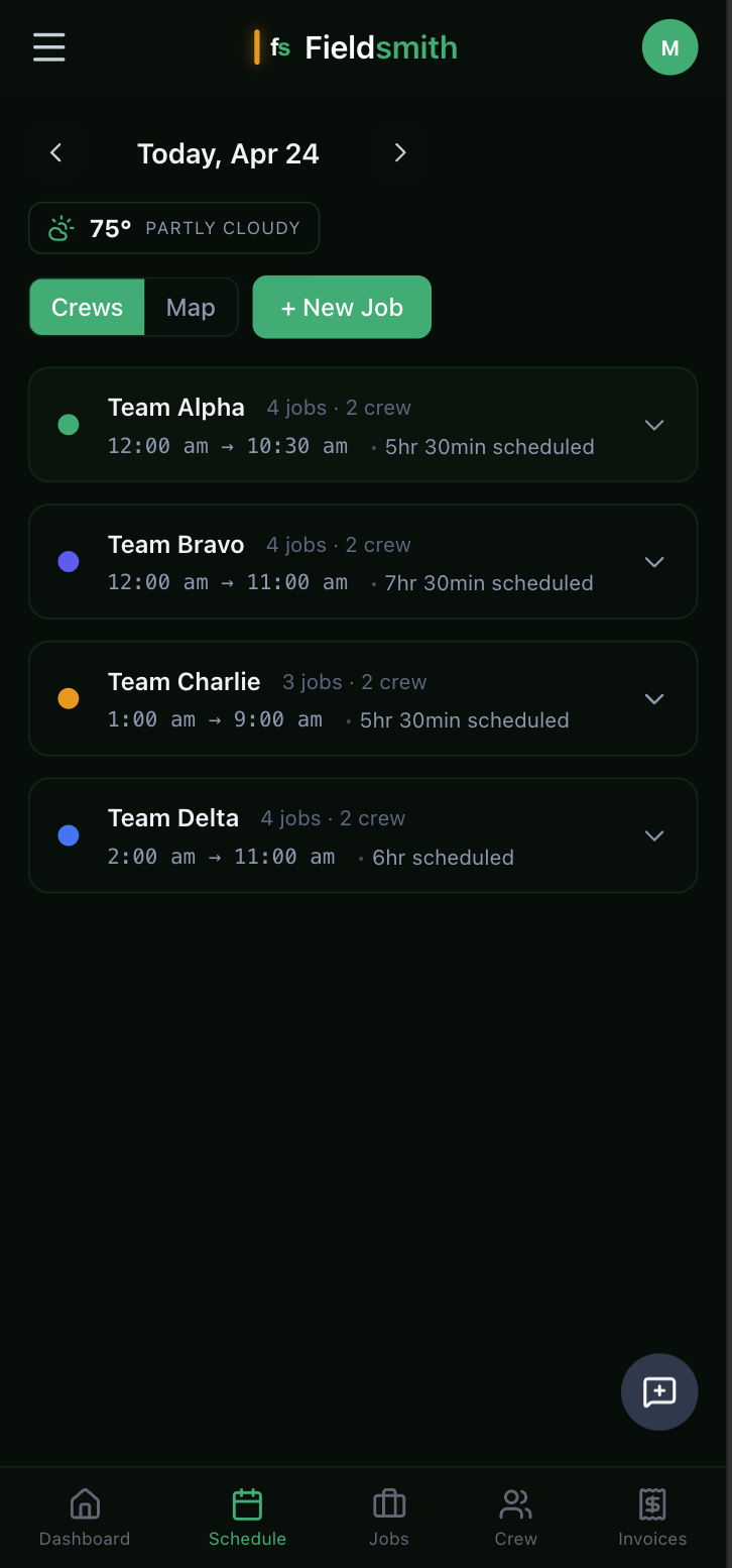 Schedule on mobile — crew rows for each team with start/end time, job count, and a live weather widget
