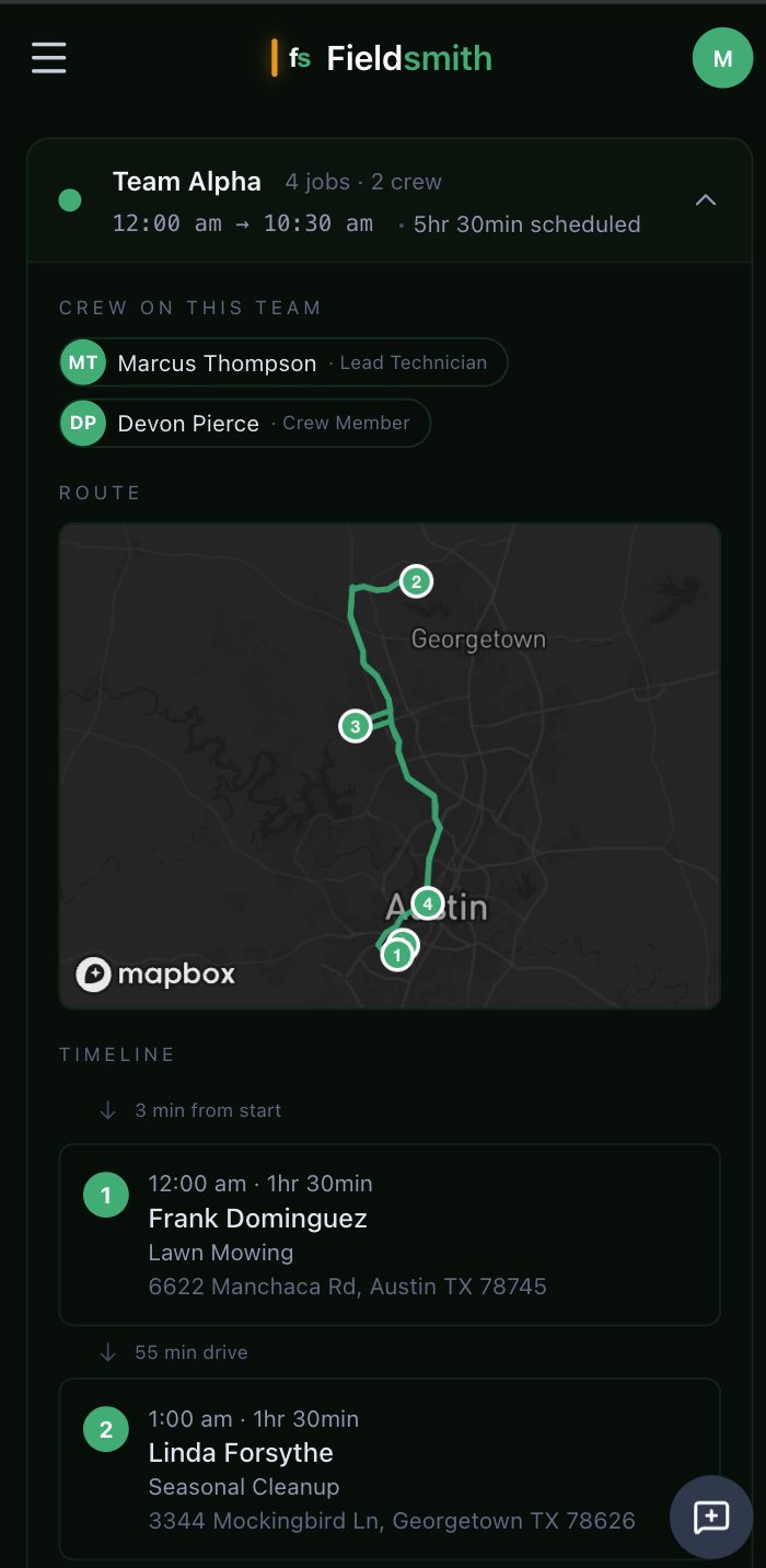 Expanded crew row on mobile — crew roster, route map, and timeline with drive-time estimates