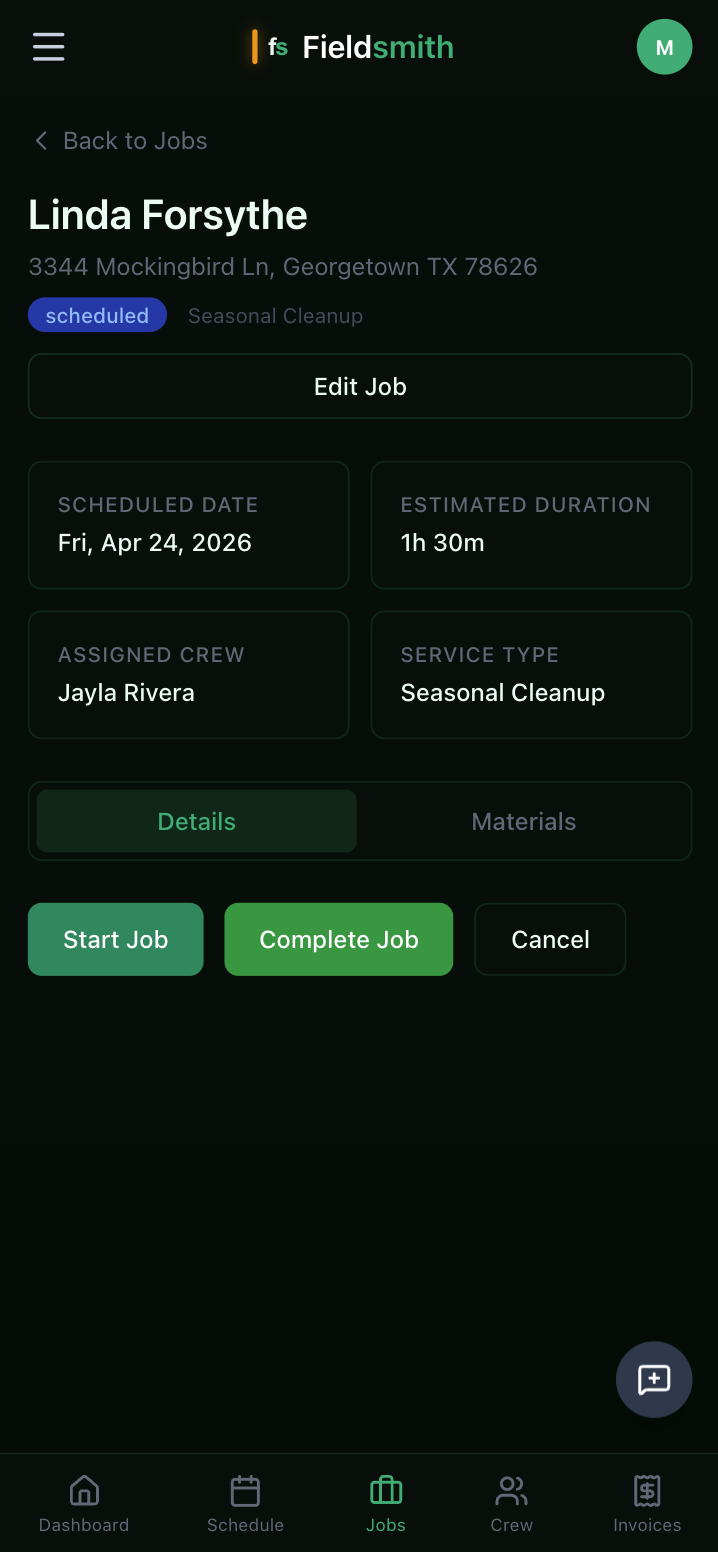 Job detail on mobile — customer, address, scheduled date, duration, assigned crew, Start / Complete buttons