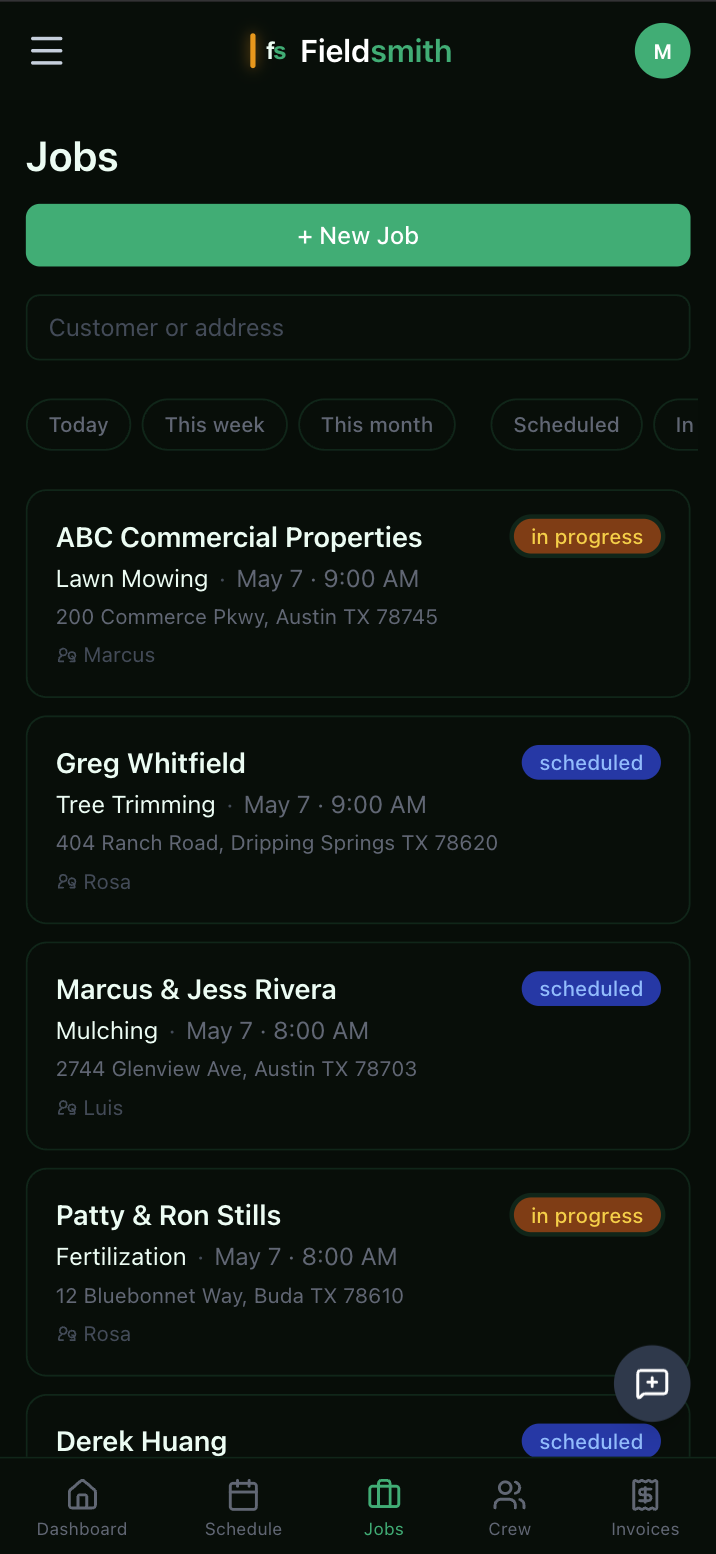 Jobs list on mobile — filter chips, customer + service + time, crew assigned, status badges