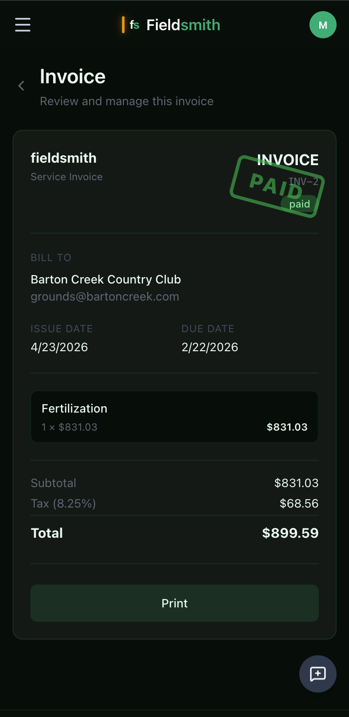 Paid invoice on mobile — Barton Creek Country Club, $899.59, PAID stamp